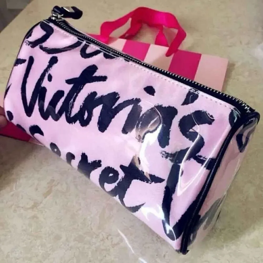 Nwt Victoria's Secret Signature Pink White Case Cosmetic Makeup Dots Lined Bag